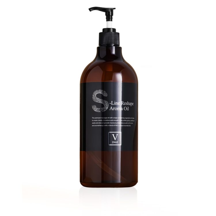FAU S-Line Reshape Aroma Oil – кафеаво шише со црна етикета и пумпа, масло за масажа за обликување на телото со ароматерапевтски ефект. FAU S-Line Reshape Aroma Oil – brown bottle with a black label and pump, body.