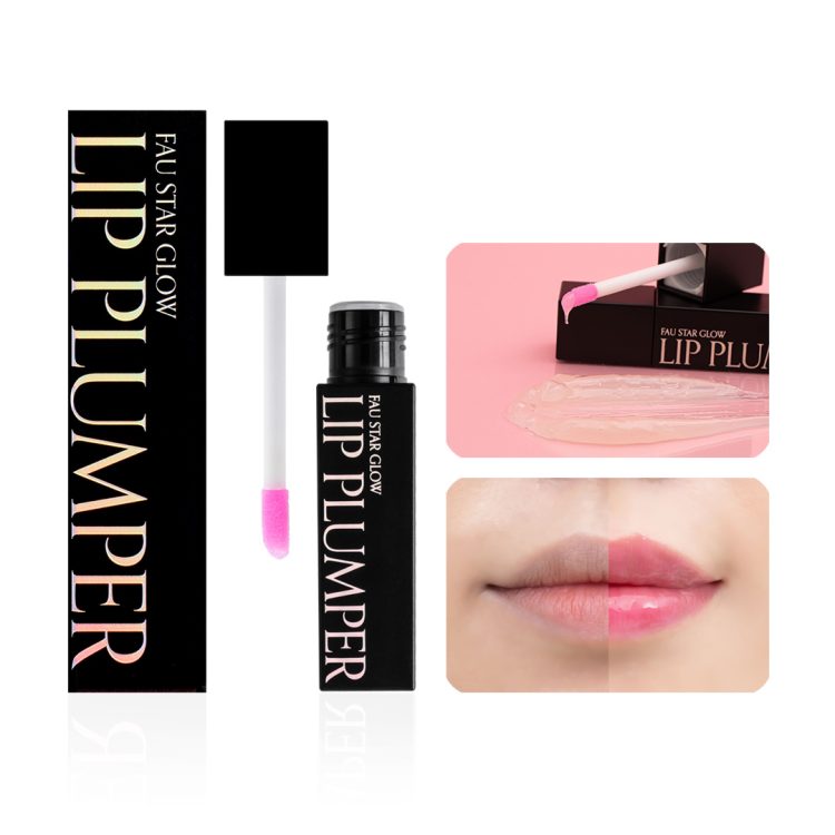 FAU Star Glow Lip Plumper – сјај за усни со црн дизајн и розов апликатор, прикажан со блиску нанесен производ и ефект пред и по нанесување на усните. FAU Star Glow Lip Plumper – lip gloss with black packaging and pink applicator, shown with a close-up of the texture and a before-and-after effect on lips.