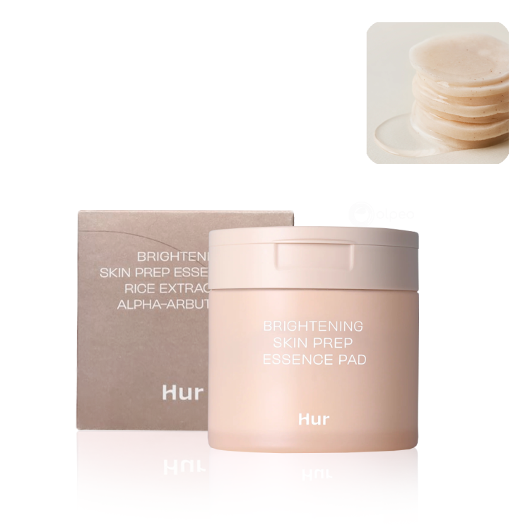 House of Hur Brightening Skin Prep Essence Pad – тонер тупфери со есенција, збогатени со екстракт од ориз и алфа-арбутин, наменети за осветлување на тенот, хидратација и подобрување на текстурата на кожата. Пакување од 70 тупфери во розова кутија. House of Hur Brightening Skin Prep Essence Pad – toner essence pads enriched with rice extract and alpha-arbutin, designed to brighten the complexion, hydrate, and improve skin texture. Contains 70 pads in a soft pink container.