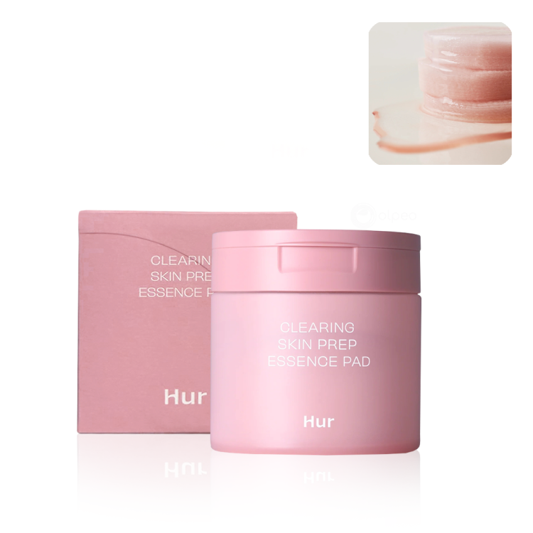 Производ со пакување од розова тегличка и кутија – House of Hur Clearing Skin Prep Essence Pad со 60 навлажнети тампони за нега на лице. Product with pink jar and box packaging – House of Hur Clearing Skin Prep Essence Pad containing 60 pre-soaked facial essence pads.