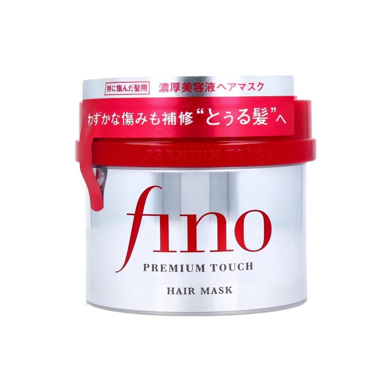 Пакување од 230 g на Shiseido Fino Premium Touch Hair Mask со црвен капак и сребрена амбалажа, јапонска маска за интензивна нега и сјај на оштетена коса. 230g container of Shiseido Fino Premium Touch Hair Mask with red lid and silver packaging, a Japanese hair treatment mask for intensive repair and shine.