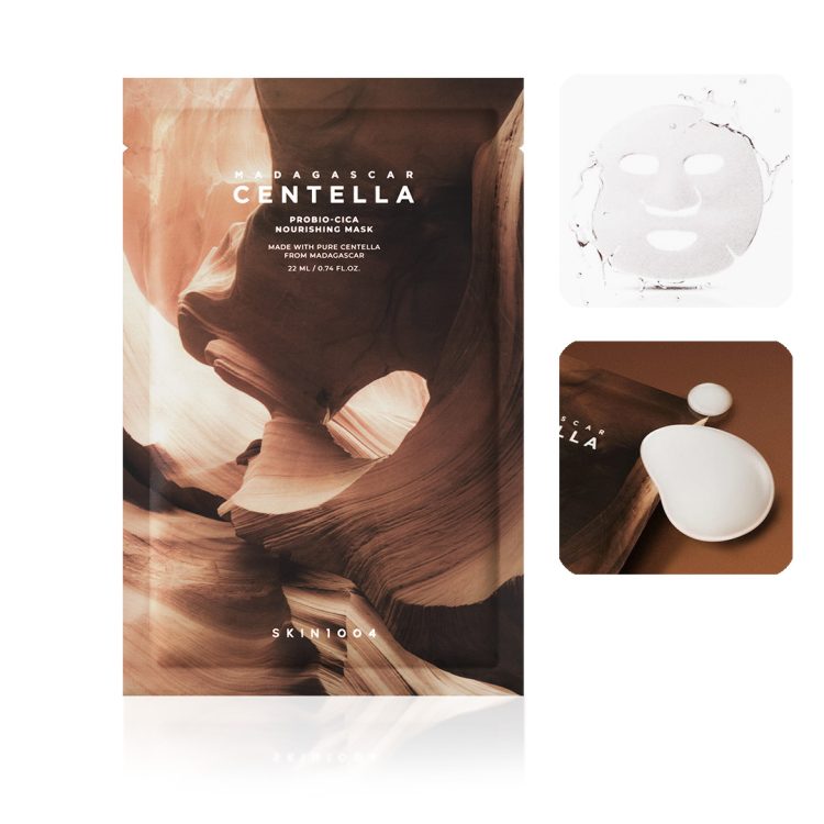 Маска за лице SKIN1004 Madagascar Centella Probio-Cica Nourishing Mask 22ml со ферментирана центела, керамиди и пептиди, за длабинска нега, хидратација и зајакнување на кожната бариера. SKIN1004 Madagascar Centella Probio-Cica Nourishing Mask 22ml featuring fermented centella, ceramides, and peptides for deep nourishment, hydration, and skin barrier strengthening.