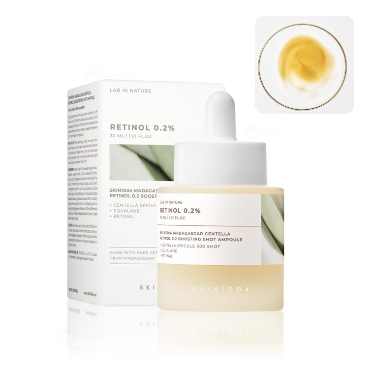 Skin1004 Madagascar Centella Retinol 0.2 Boosting Shot Ampoule – серум со 0.2% ретинол, центела спикули и сквалан за намалување на брчки, подобрување на текстурата и ревитализација на кожата. Skin1004 Madagascar Centella Retinol 0.2 Boosting Shot Ampoule – serum with 0.2% retinol, centella spicules, and squalane for reducing wrinkles, improving skin texture, and revitalizing the skin.
