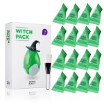 Zombie Beauty Witch Pack сет за смирување и прочистување на кожа, со 16 зелени еднодозни маски и четка за нанесување. Zombie Beauty Witch Pack calming and purifying skincare set with 16 green single-use masks and application brush.