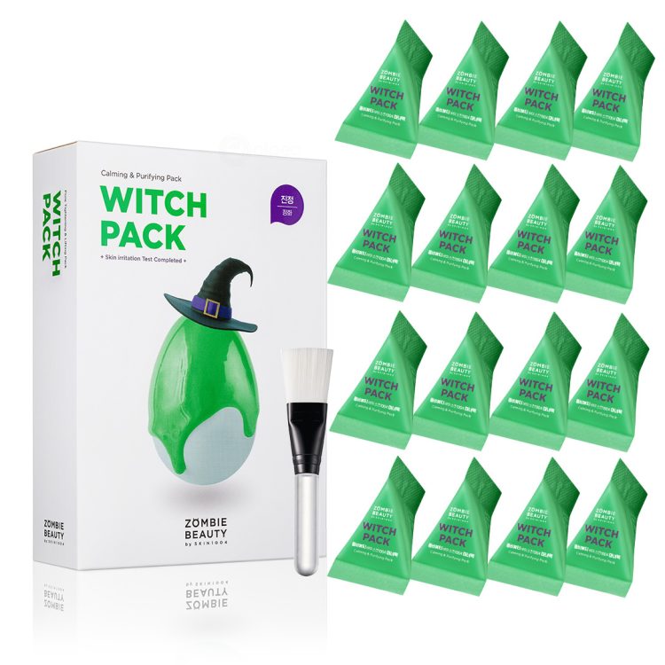Zombie Beauty Witch Pack сет за смирување и прочистување на кожа, со 16 зелени еднодозни маски и четка за нанесување. Zombie Beauty Witch Pack calming and purifying skincare set with 16 green single-use masks and application brush.