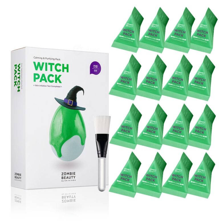 Zombie Beauty Witch Pack сет за смирување и прочистување на кожа, со 16 зелени еднодозни маски и четка за нанесување. Zombie Beauty Witch Pack calming and purifying skincare set with 16 green single-use masks and application brush.