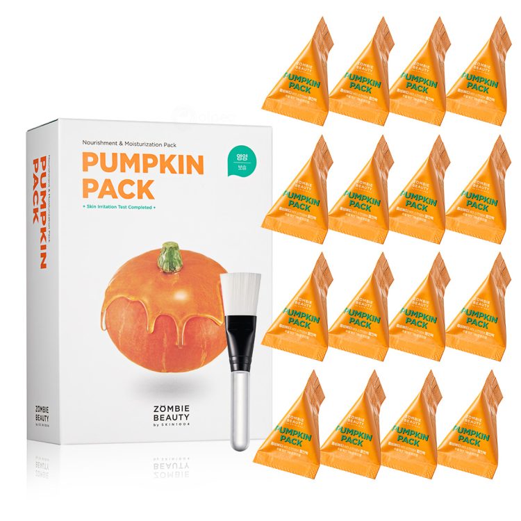 Сет маски за лице Zombie Beauty Pumpkin Pack од SKIN1004 со 12 индивидуално пакувани ќесички и четка за нанесување, наменет за хидратација и нега на кожата. Zombie Beauty Pumpkin Pack by SKIN1004 – facial mask set with 12 individually packed sachets and an application brush, designed for moisturizing and nourishing the skin.