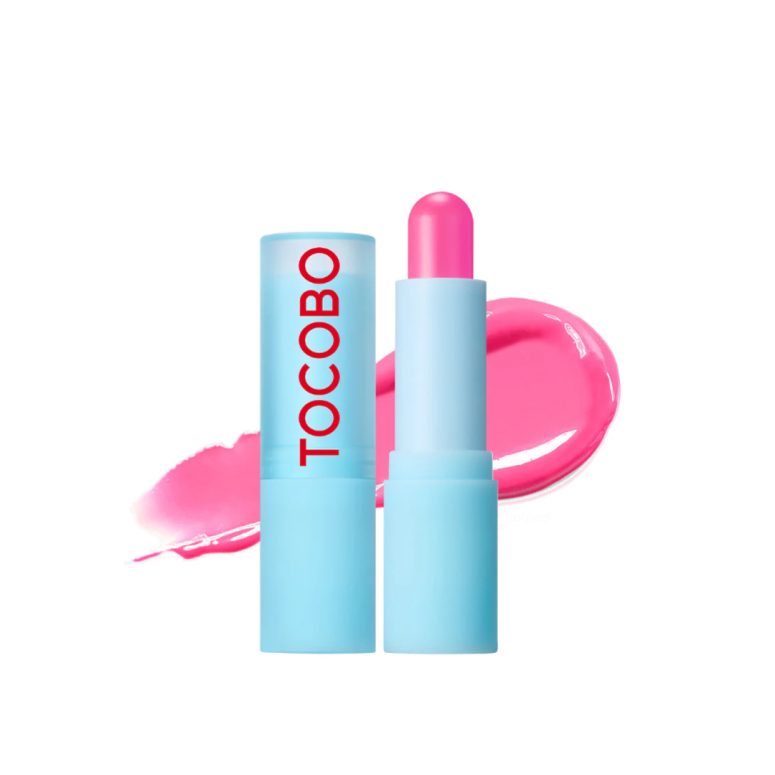 TOCOBO Glass Tinted Lip Balm во нијанса 012 Better Pink – хидратантен балсам за усни со стаклен сјај и нежна розова боја, во модерно сино пакување.